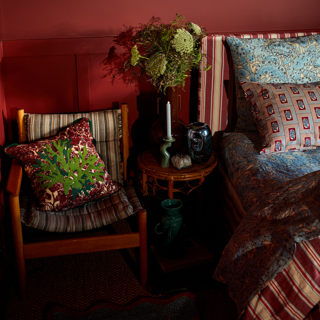 Lucia Embroidered Cushion - Crimson Feather Insert