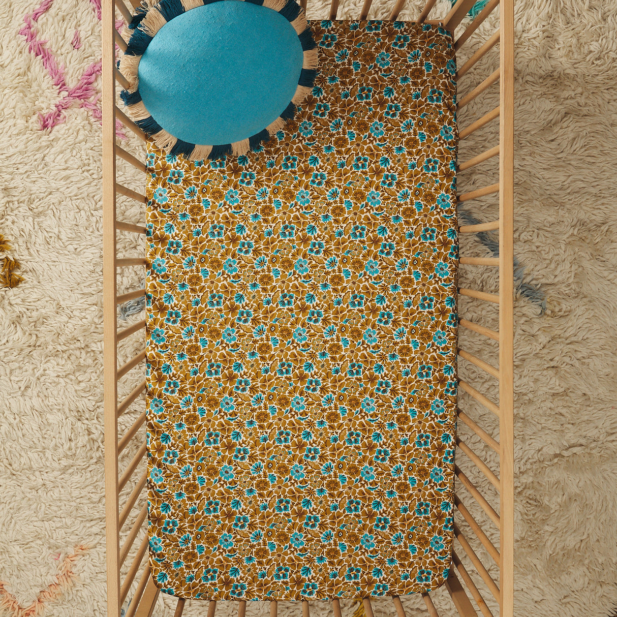 Magnolia Cotton Sheets - Turquoise Fitted Sheet / Cot
