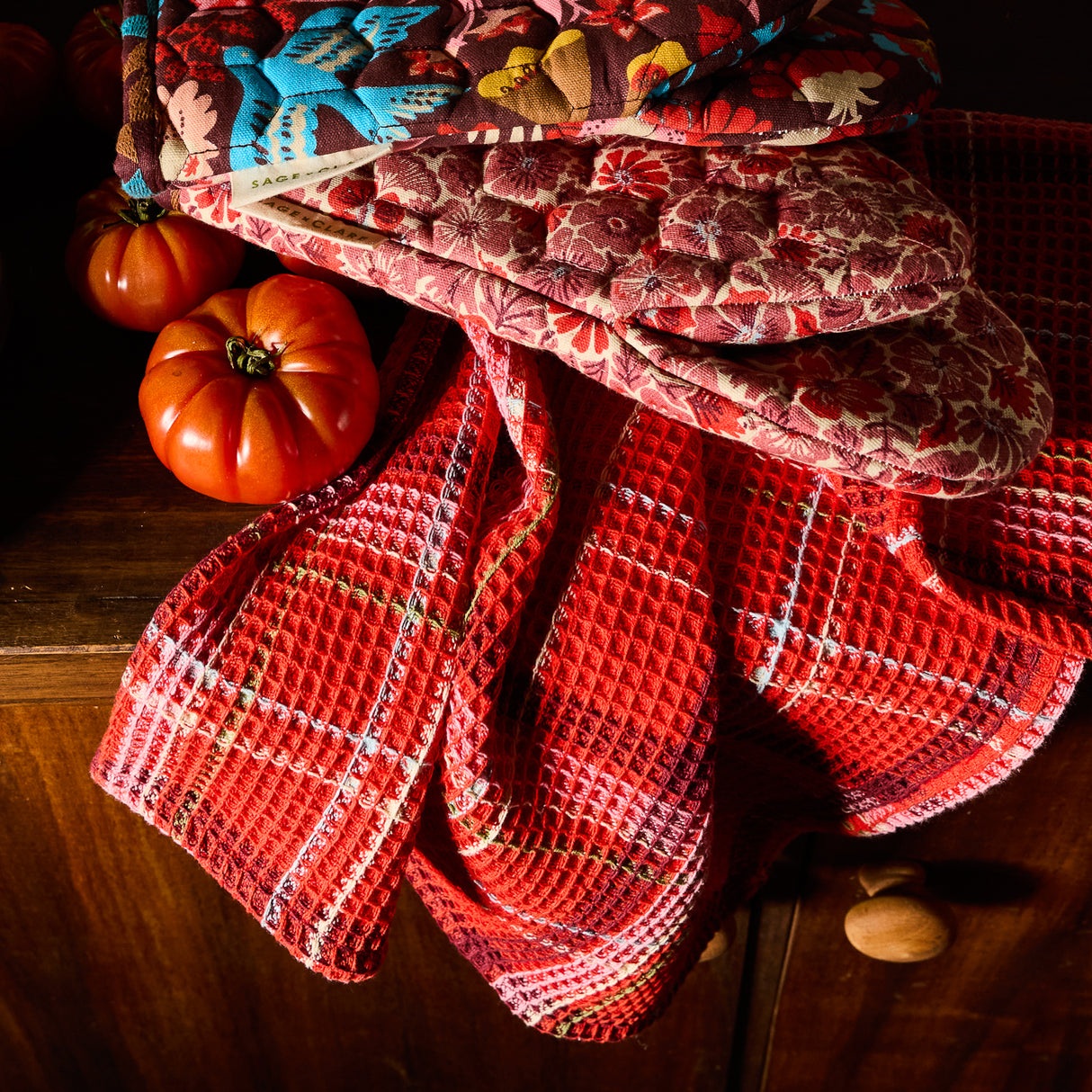 Frances Waffle Tea Towel - Poppy
